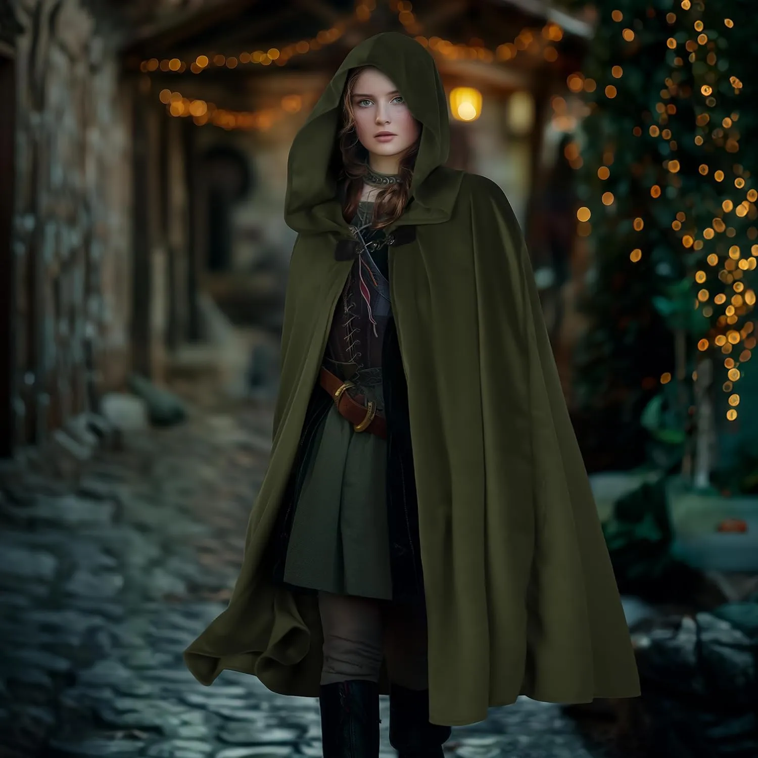 MCJC Medieval Hooded Cape Renaissance Cloak with Clasp for Women,Adult Halloween Costume