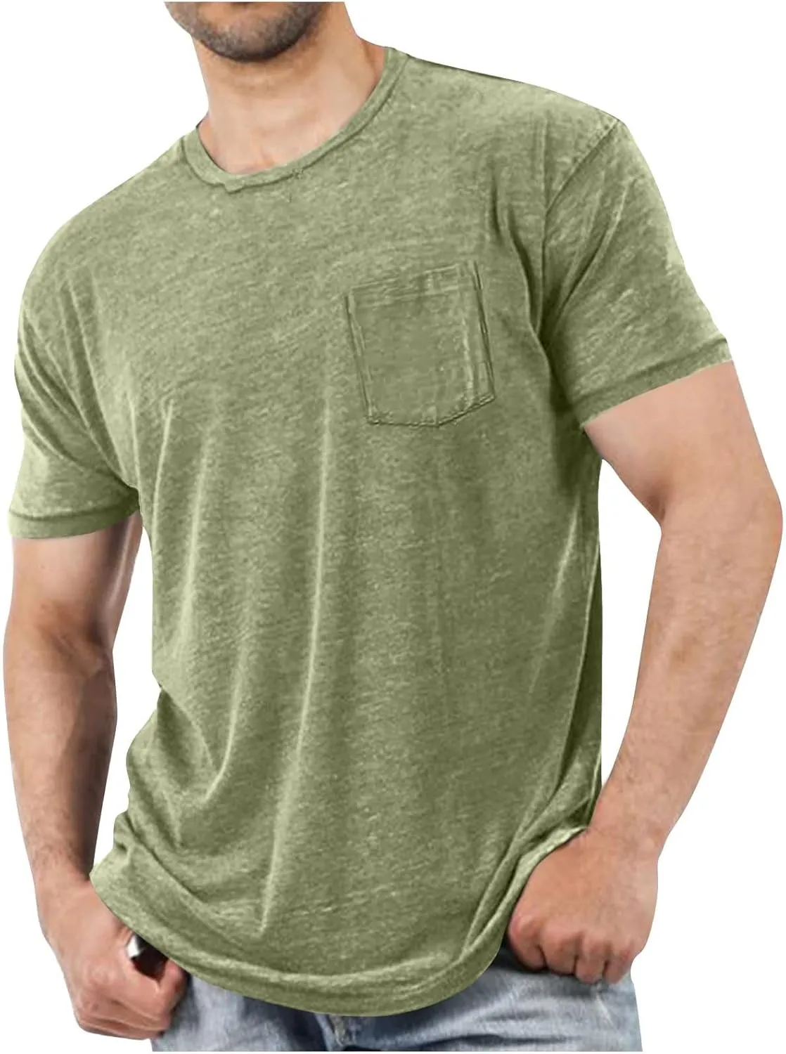 Men Short Sleeve T Shirts with Chest Pocket, Solid Color Crewneck Tee Soft Comfy Summer Tops Workout Athletic Tshirt