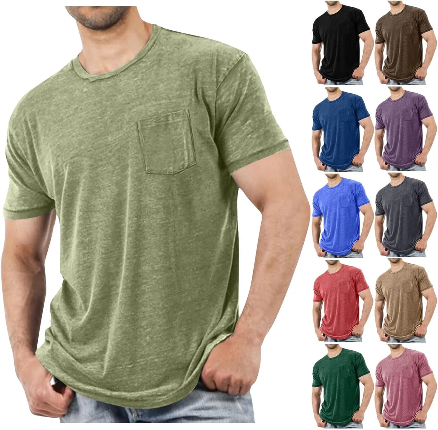 Men Short Sleeve T Shirts with Chest Pocket, Solid Color Crewneck Tee Soft Comfy Summer Tops Workout Athletic Tshirt