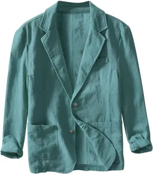 Mens Blazer Casual Cotton-Linen Sport Coat Solid Color Lapel Collar Lightweight 2 Button Unlined Work Suit Jackets