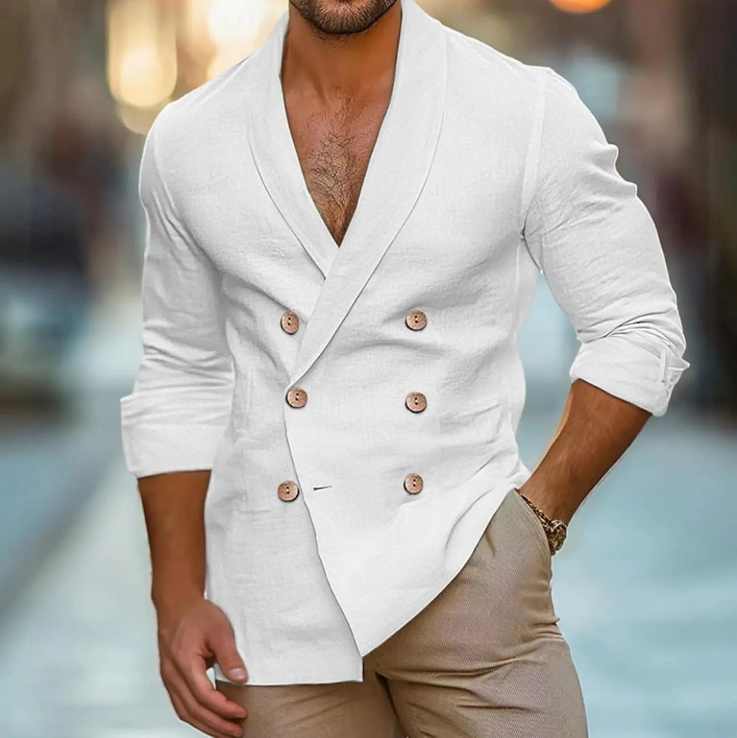 Mens Casual Double Breast Blazer Suit Jackets Lightweight V Neck Linen Work Jackets Three Button Slim Fit Sport Coats