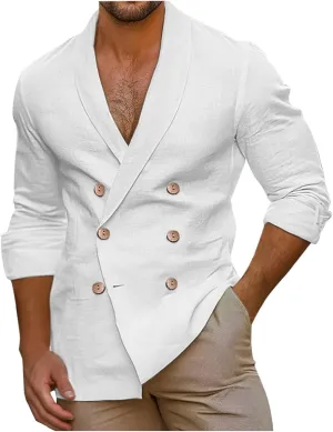 Mens Casual Double Breast Blazer Suit Jackets Lightweight V Neck Linen Work Jackets Three Button Slim Fit Sport Coats