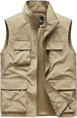 Men's Casual Lightweight Outdoor Vest Work Fish Photo Travel Vest Cargo Utility Vest Multi Pockets Sleeveless Jacket