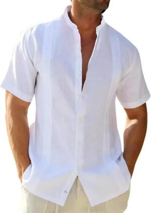 Men's Casual Linen Cotton Short Sleeve Button Down Shirts Cuban Camp Guayabera Shirt Summer Band Collar Beach Shirt Tops (White,2X-Large)