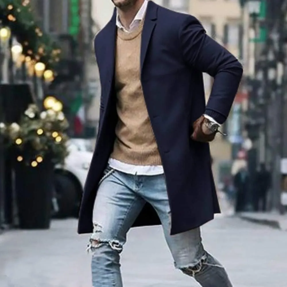 Men's Double Breasted Woolen Pea Coat Winter Warm Notched Collar Slim Fit Overcoat Trench Coat Windbreaker Outwear