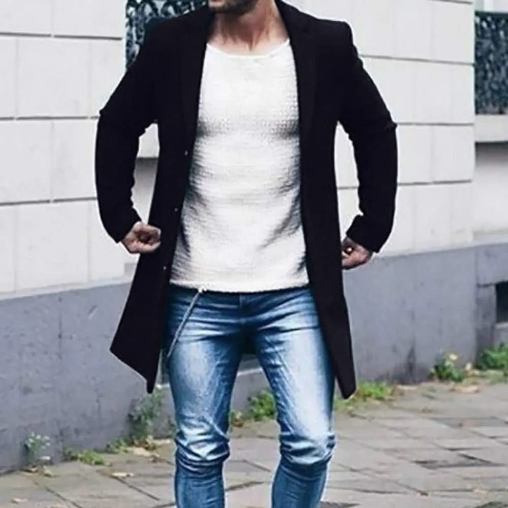 Men's Double Breasted Woolen Pea Coat Winter Warm Notched Collar Slim Fit Overcoat Trench Coat Windbreaker Outwear