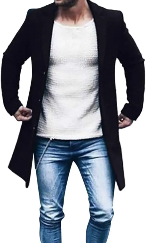 Men's Double Breasted Woolen Pea Coat Winter Warm Notched Collar Slim Fit Overcoat Trench Coat Windbreaker Outwear