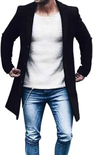 Men's Double Breasted Woolen Pea Coat Winter Warm Notched Collar Slim Fit Overcoat Trench Coat Windbreaker Outwear
