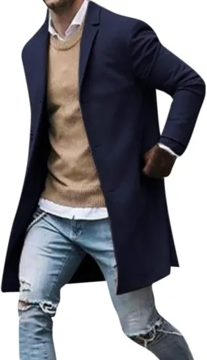 Men's Double Breasted Woolen Pea Coat Winter Warm Notched Collar Slim Fit Overcoat Trench Coat Windbreaker Outwear