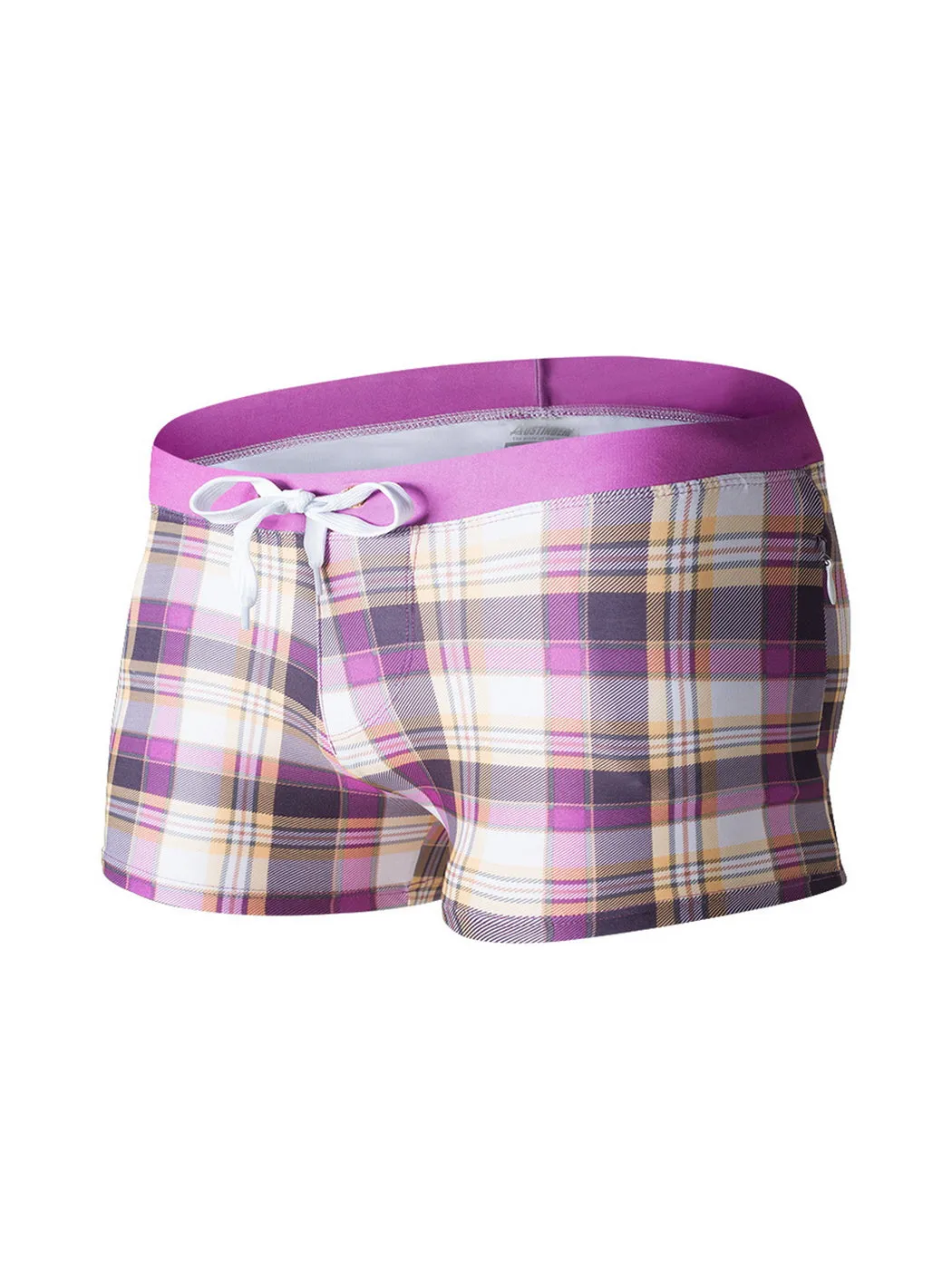 Men's Drawstring Plaid Swim Shorts With Pockets