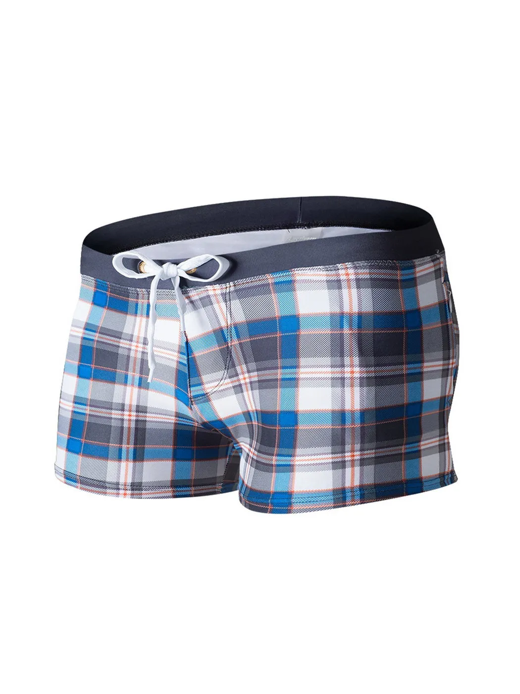 Men's Drawstring Plaid Swim Shorts With Pockets