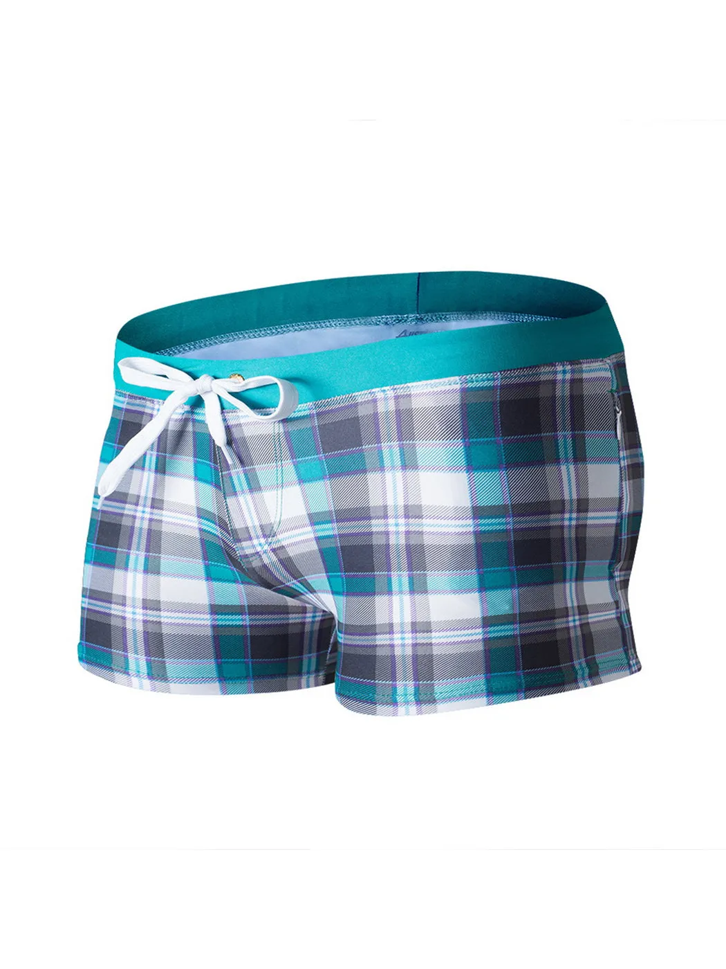 Men's Drawstring Plaid Swim Shorts With Pockets
