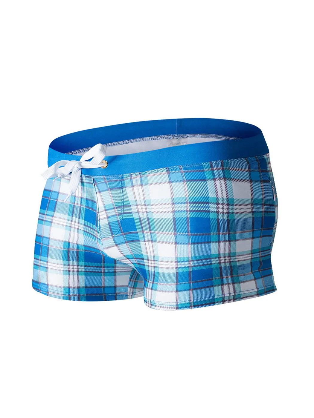 Men's Drawstring Plaid Swim Shorts With Pockets