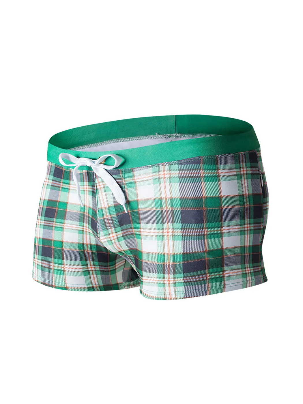Men's Drawstring Plaid Swim Shorts With Pockets
