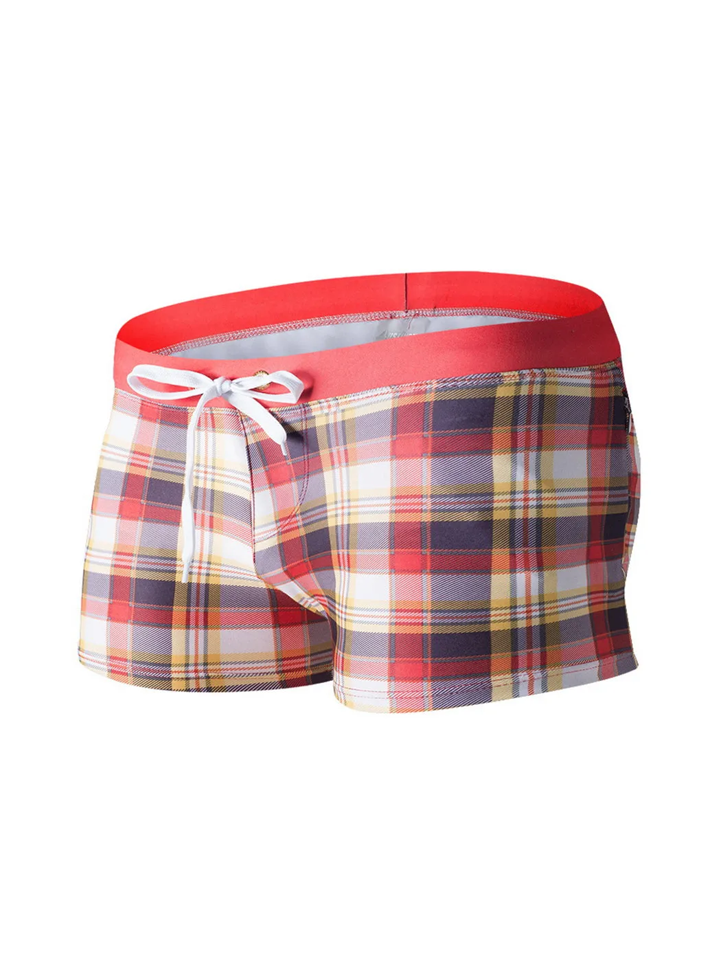Men's Drawstring Plaid Swim Shorts With Pockets