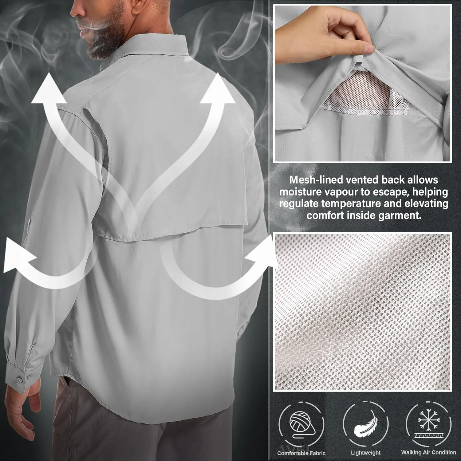 Men's Fishing Shirts Long Sleeve Sun Protection Safari Shirts UPF 50 UV Quick Dry Cooling Travel Work Shirts