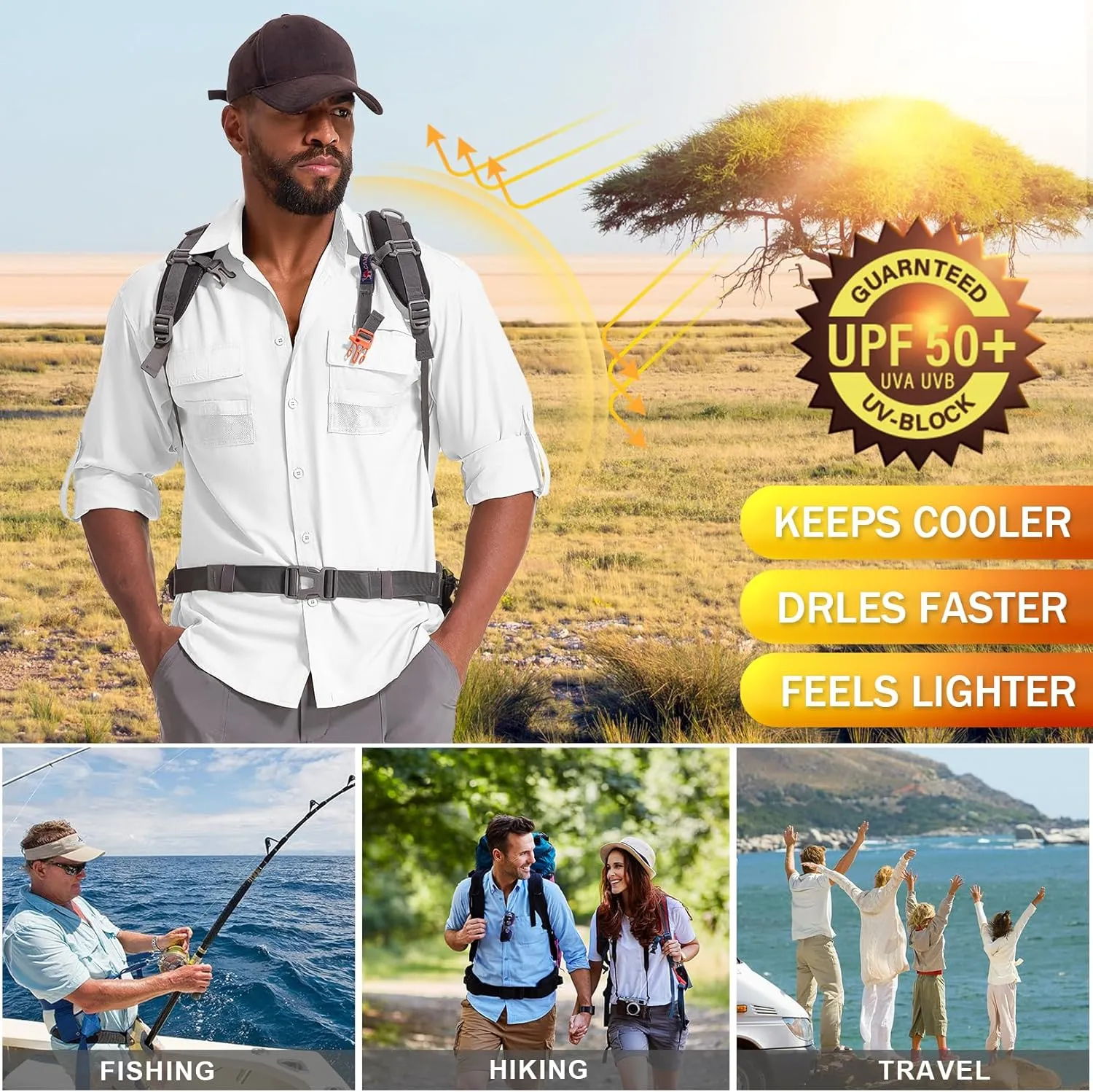 Men's Fishing Shirts Long Sleeve Sun Protection Safari Shirts UPF 50 UV Quick Dry Cooling Travel Work Shirts