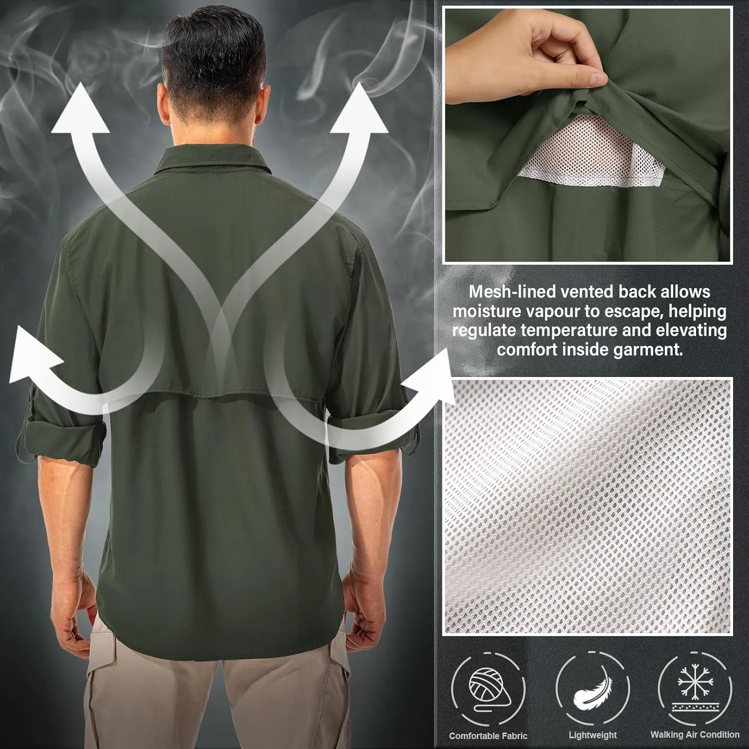 Men's Fishing Shirts Long Sleeve Sun Protection Safari Shirts UPF 50 UV Quick Dry Cooling Travel Work Shirts