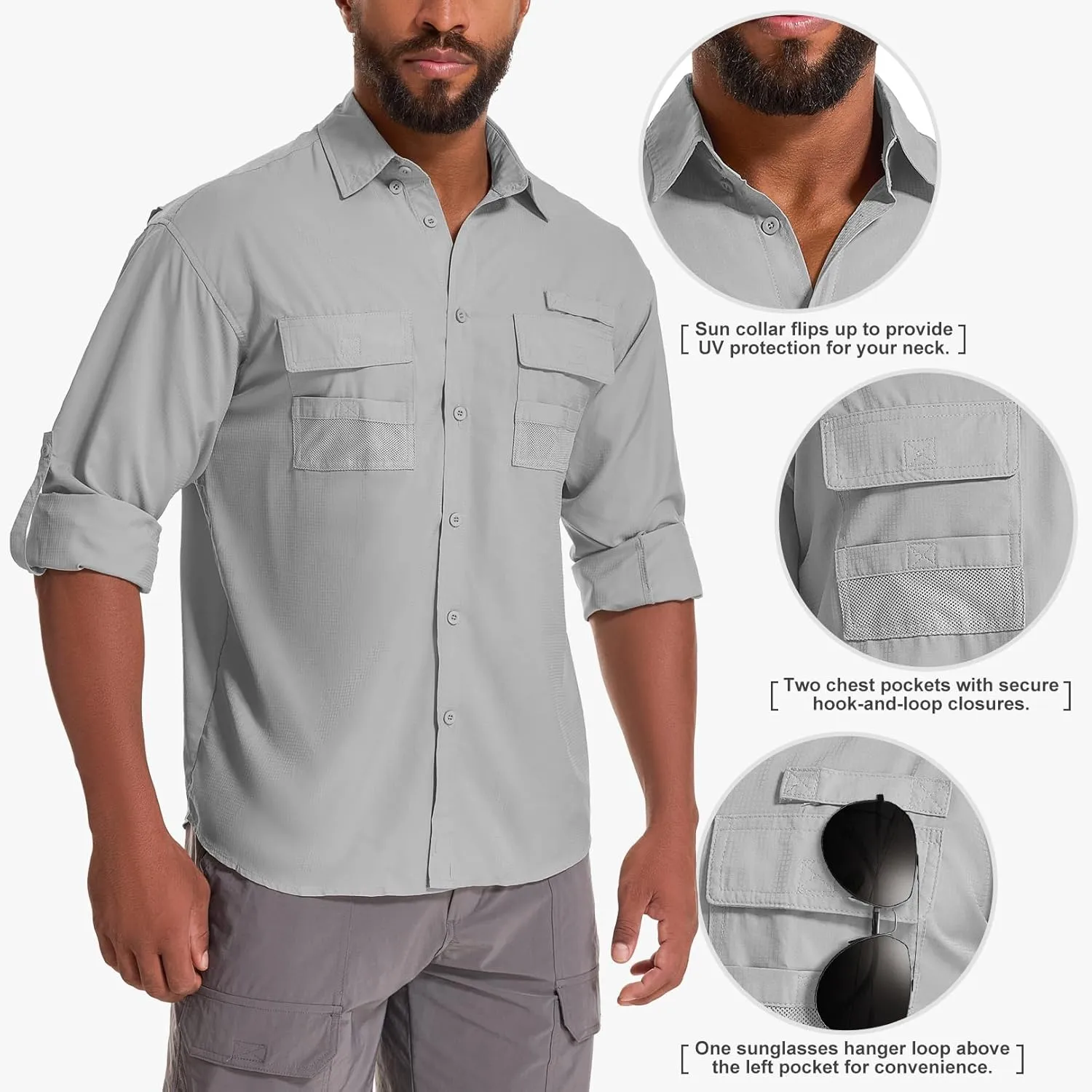 Men's Fishing Shirts Long Sleeve Sun Protection Safari Shirts UPF 50 UV Quick Dry Cooling Travel Work Shirts