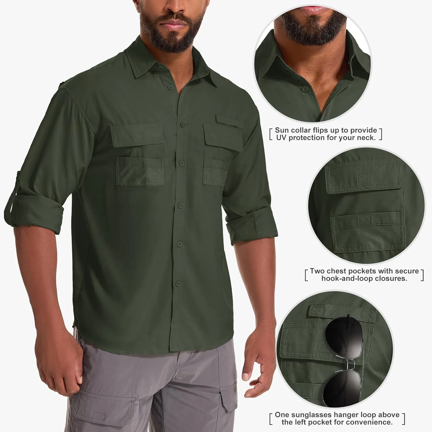 Men's Fishing Shirts Long Sleeve Sun Protection Safari Shirts UPF 50 UV Quick Dry Cooling Travel Work Shirts