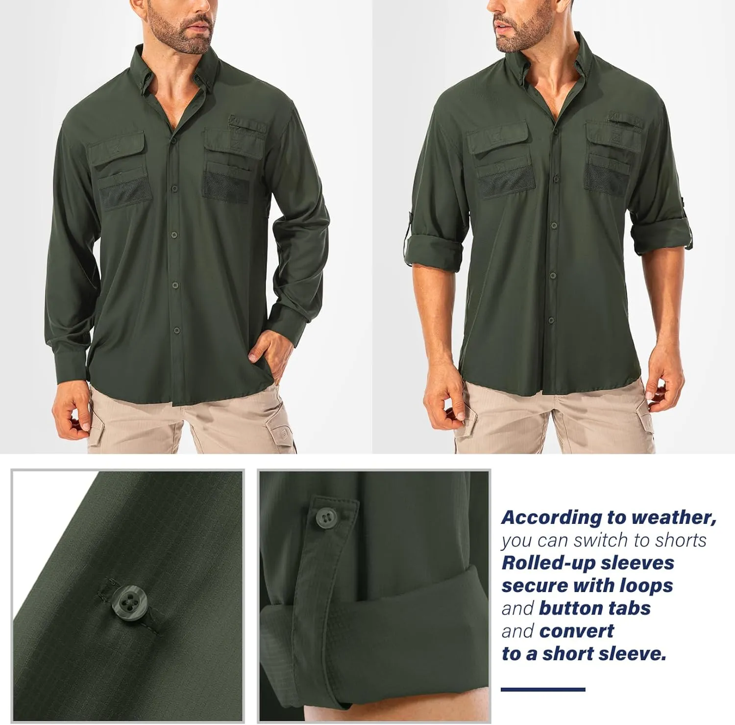 Men's Fishing Shirts Long Sleeve Sun Protection Safari Shirts UPF 50 UV Quick Dry Cooling Travel Work Shirts