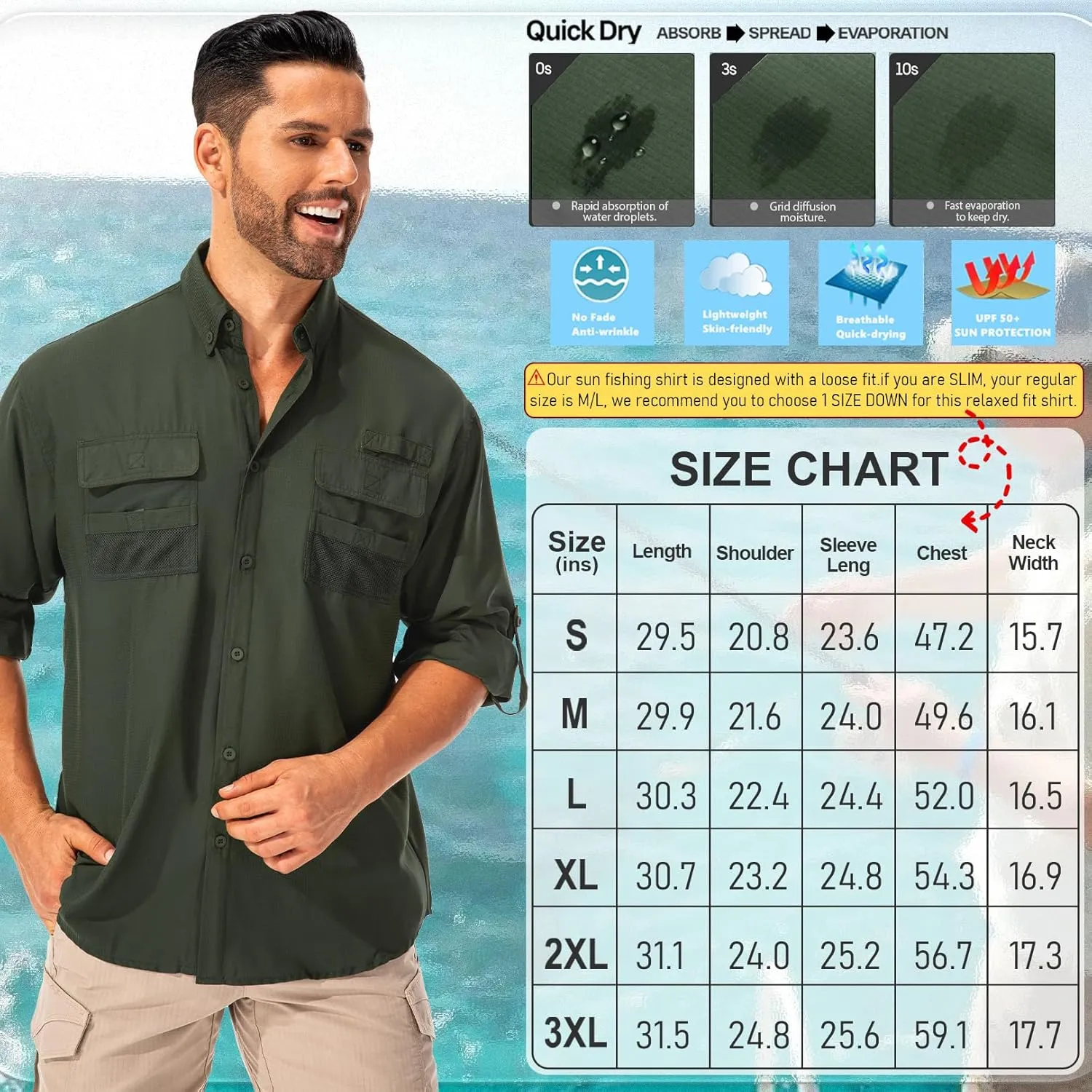 Men's Fishing Shirts Long Sleeve Sun Protection Safari Shirts UPF 50 UV Quick Dry Cooling Travel Work Shirts