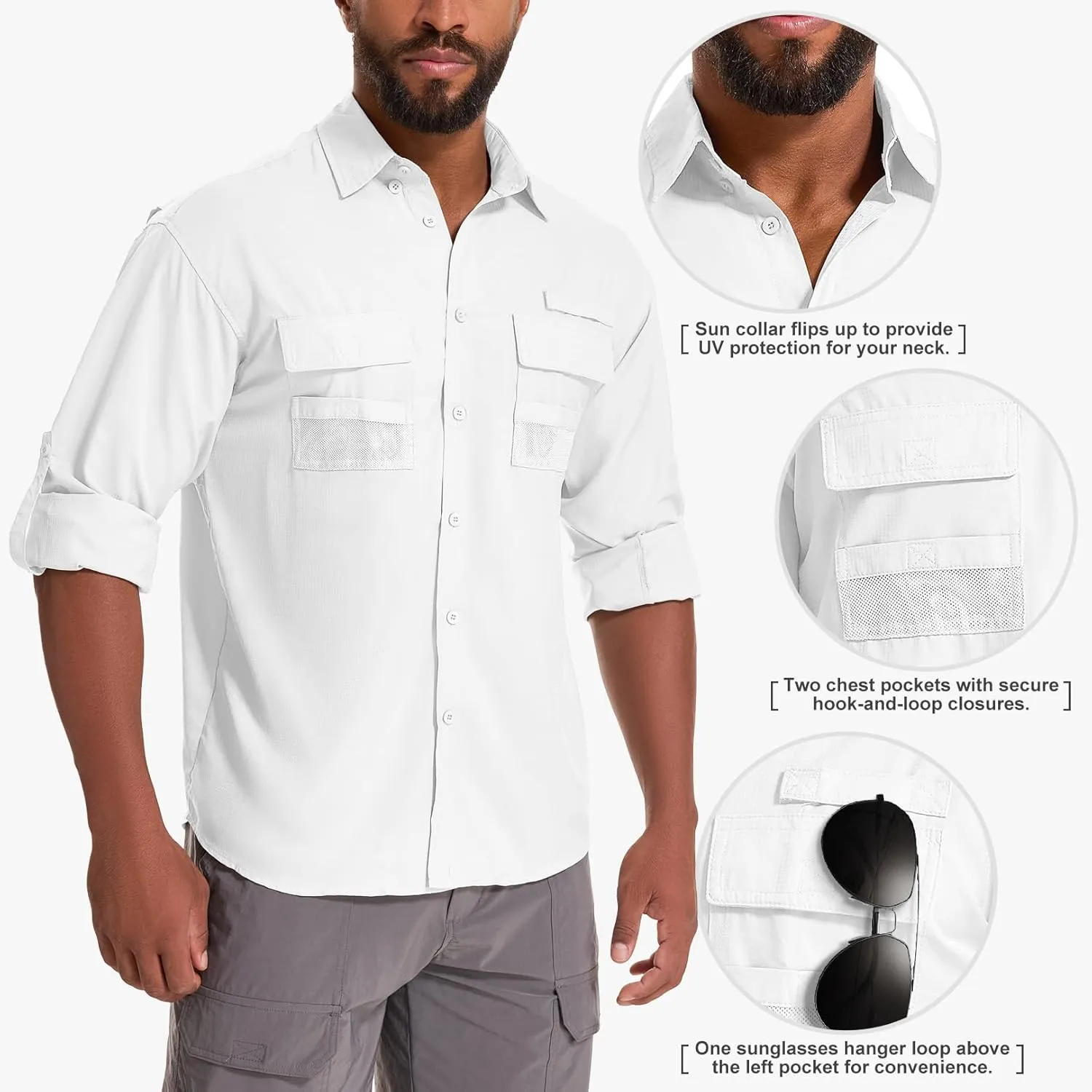 Men's Fishing Shirts Long Sleeve Sun Protection Safari Shirts UPF 50 UV Quick Dry Cooling Travel Work Shirts