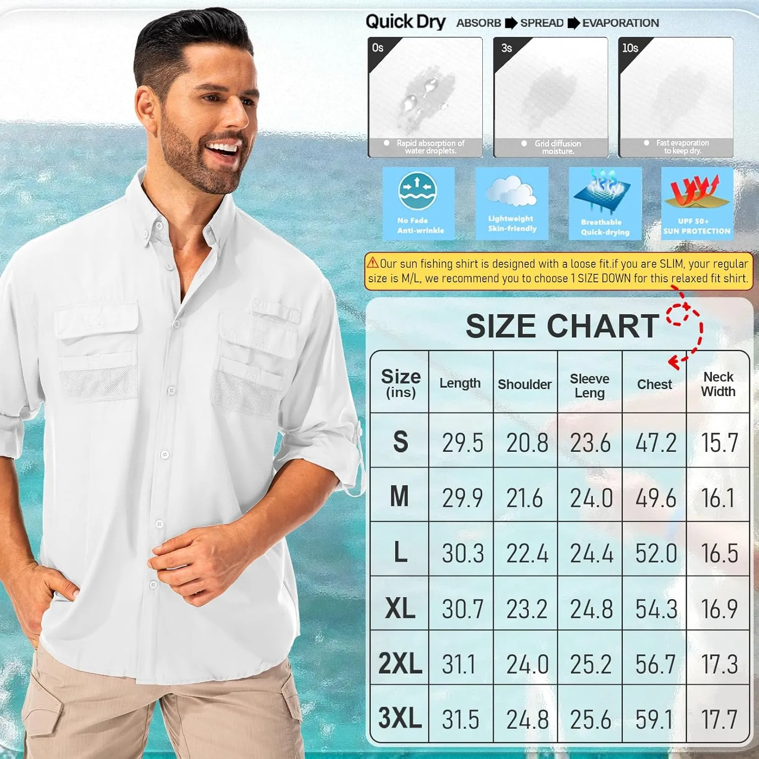 Men's Fishing Shirts Long Sleeve Sun Protection Safari Shirts UPF 50 UV Quick Dry Cooling Travel Work Shirts