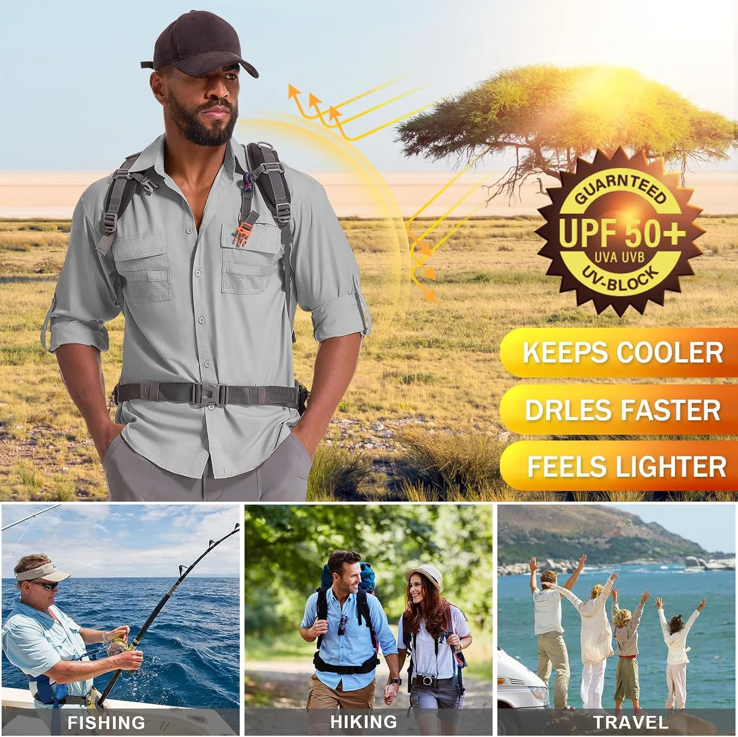 Men's Fishing Shirts Long Sleeve Sun Protection Safari Shirts UPF 50 UV Quick Dry Cooling Travel Work Shirts