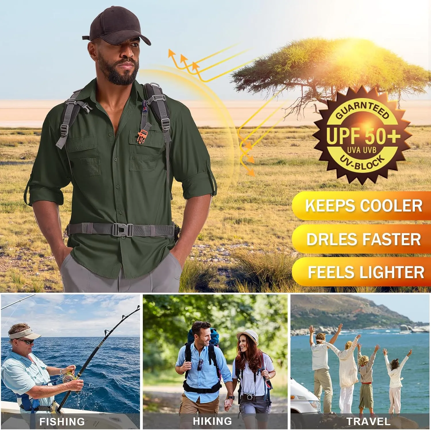 Men's Fishing Shirts Long Sleeve Sun Protection Safari Shirts UPF 50 UV Quick Dry Cooling Travel Work Shirts