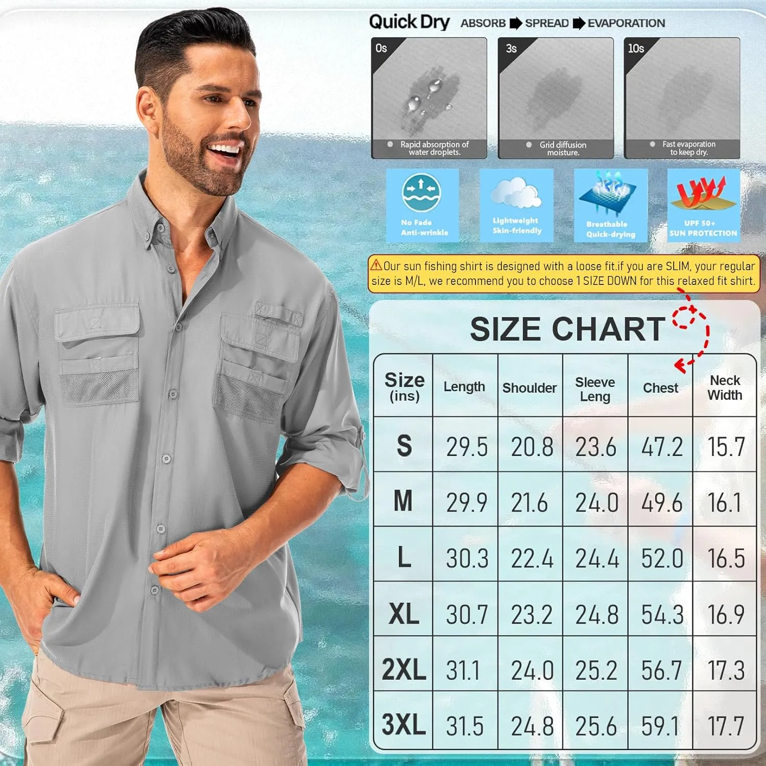 Men's Fishing Shirts Long Sleeve Sun Protection Safari Shirts UPF 50 UV Quick Dry Cooling Travel Work Shirts