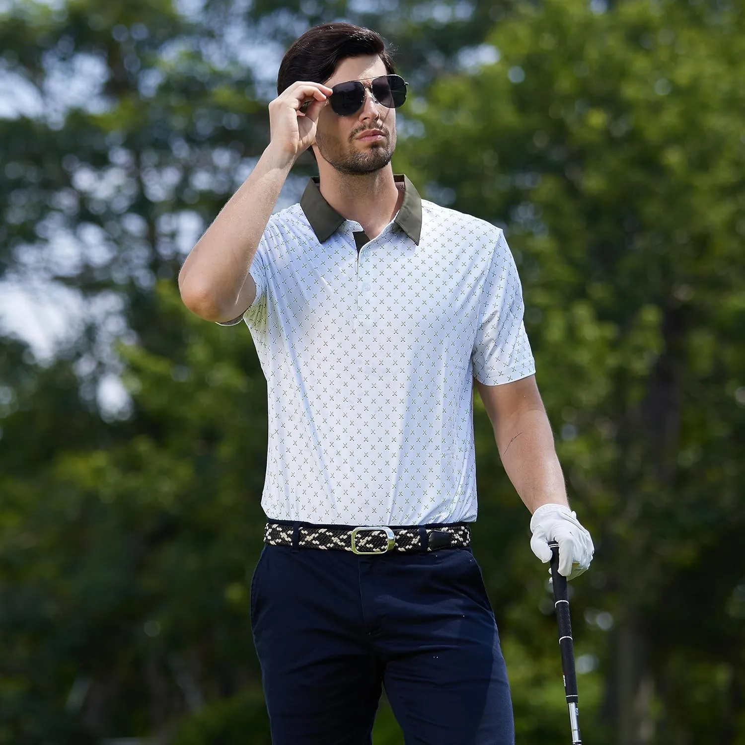 Mens Golf Shirt Moisture Wicking Dry Fit Print Performance Short Sleeve Polo Shirts for Men