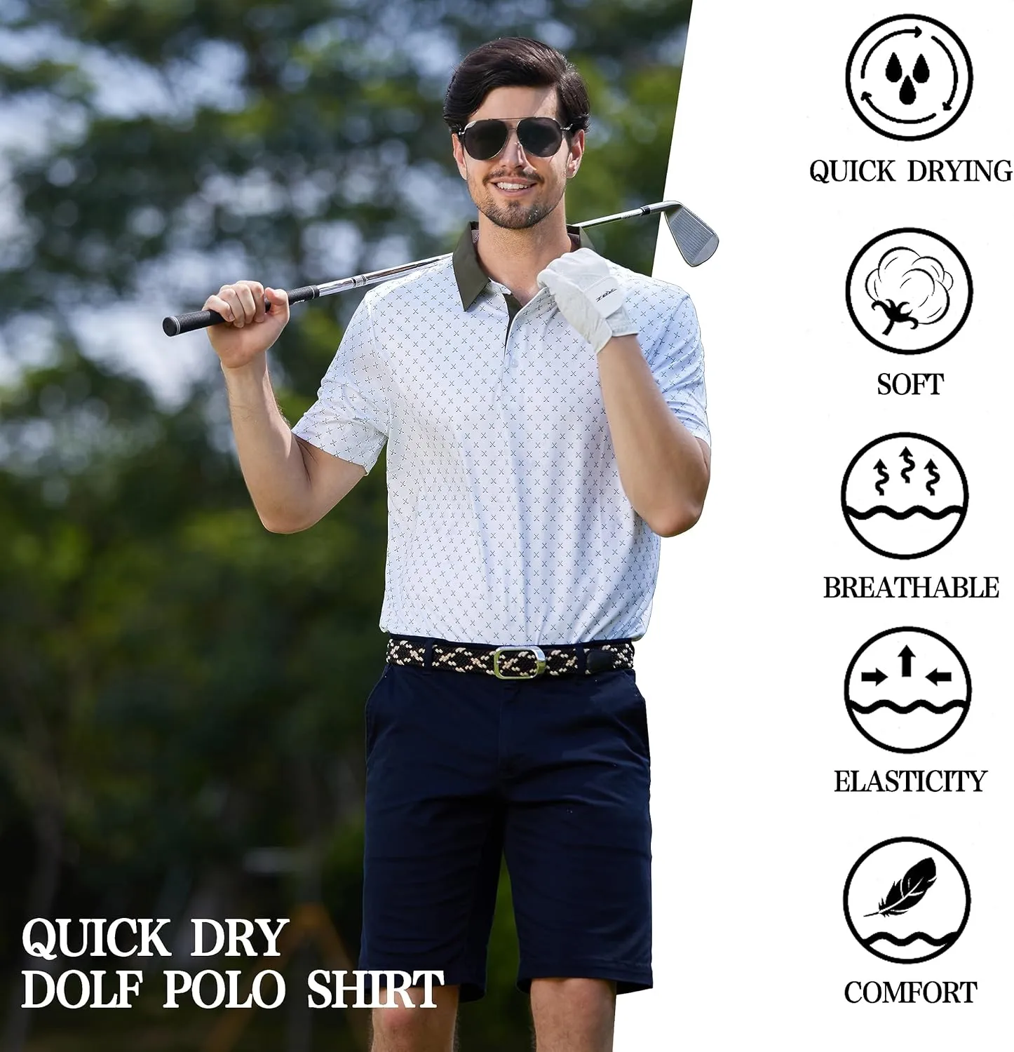 Mens Golf Shirt Moisture Wicking Dry Fit Print Performance Short Sleeve Polo Shirts for Men