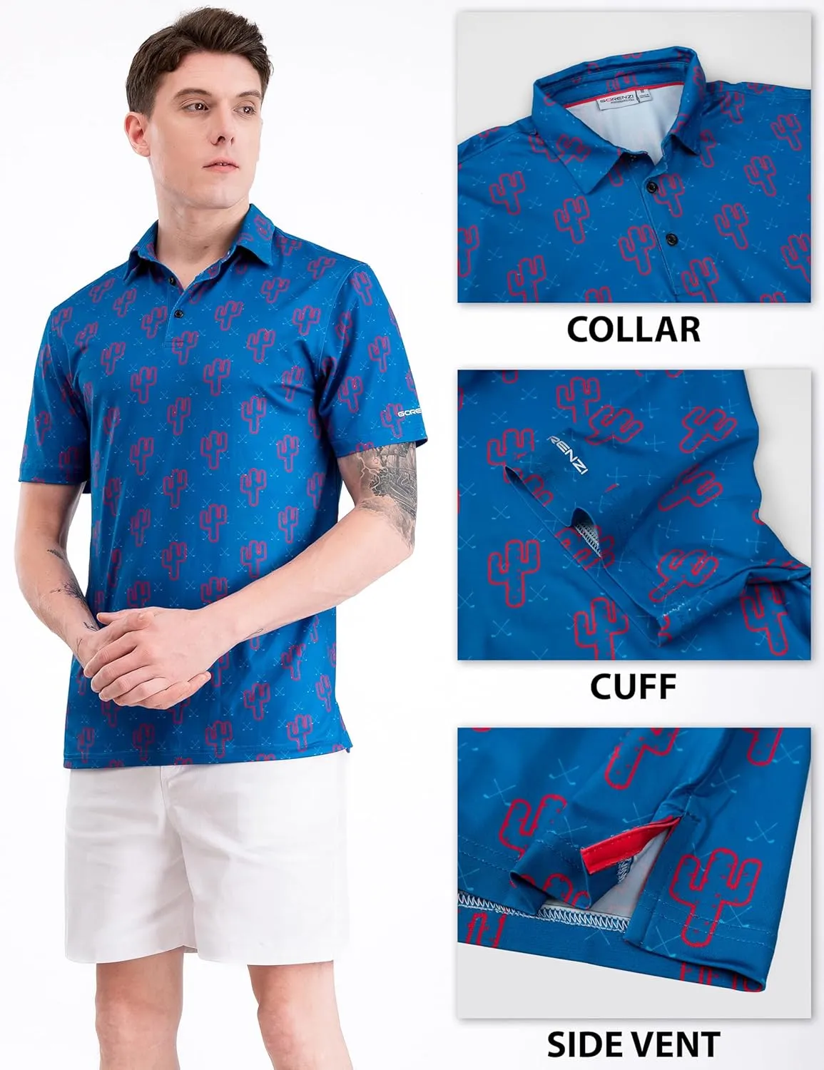 Men's Golf Shirts Short Sleeve Moisture Wicking Print Patterns Collared Performance Polo Golf Shirts for Men Dry Fit