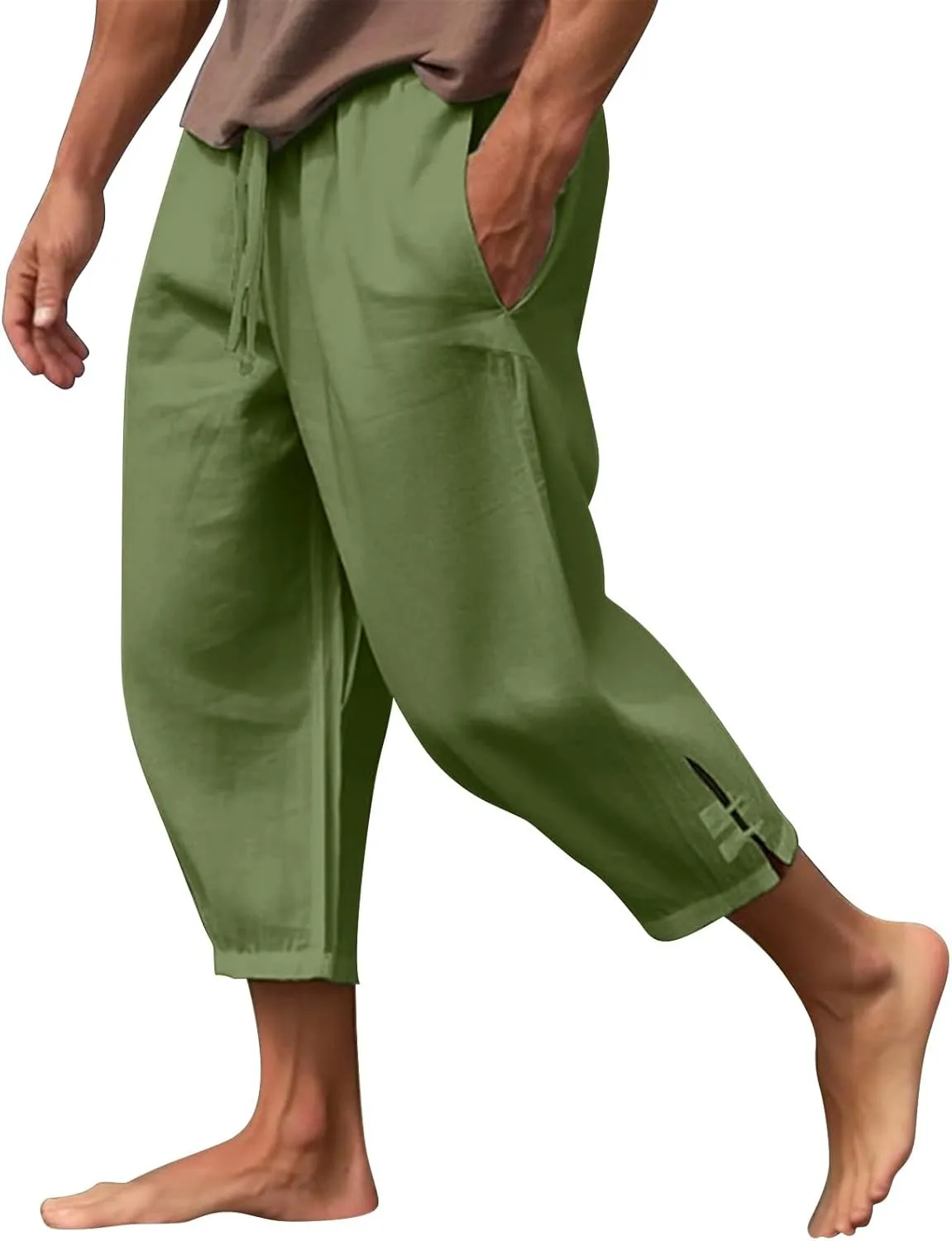 Men's Linen Casual Harem Capri Pants Lightweight Loose 3/4 Shorts Drawstring Elastic Waist Hippie Beach Yoga Trousers