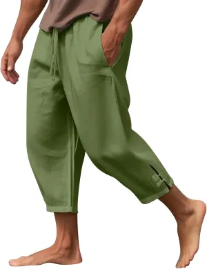 Men's Linen Casual Harem Capri Pants Lightweight Loose 3/4 Shorts Drawstring Elastic Waist Hippie Beach Yoga Trousers