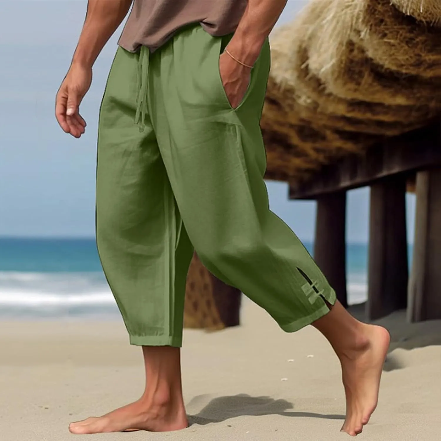 Men's Linen Casual Harem Capri Pants Lightweight Loose 3/4 Shorts Drawstring Elastic Waist Hippie Beach Yoga Trousers
