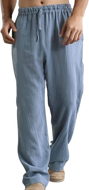 Men's Linen Pants Elastic Waistband Lightweight Straight Leg Beach Trousers Summer Loose Fit Breathable Comfort Pant