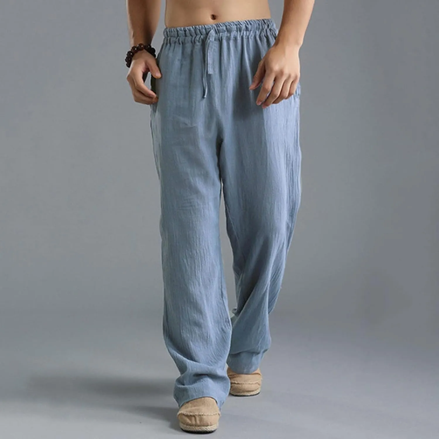 Men's Linen Pants Elastic Waistband Lightweight Straight Leg Beach Trousers Summer Loose Fit Breathable Comfort Pant