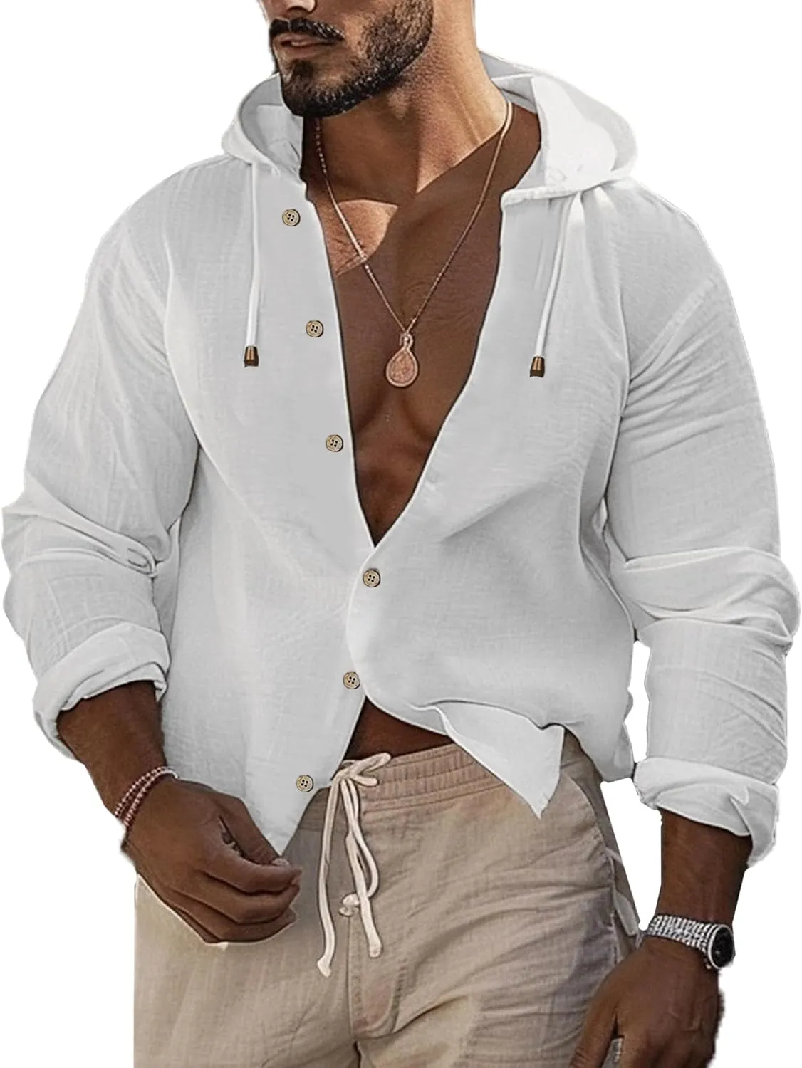 Mens Linen Shirts Casual Button Down Shirts Long Sleeve Roll-Up Sleeve Summer Beach Shirts Tops with Hood