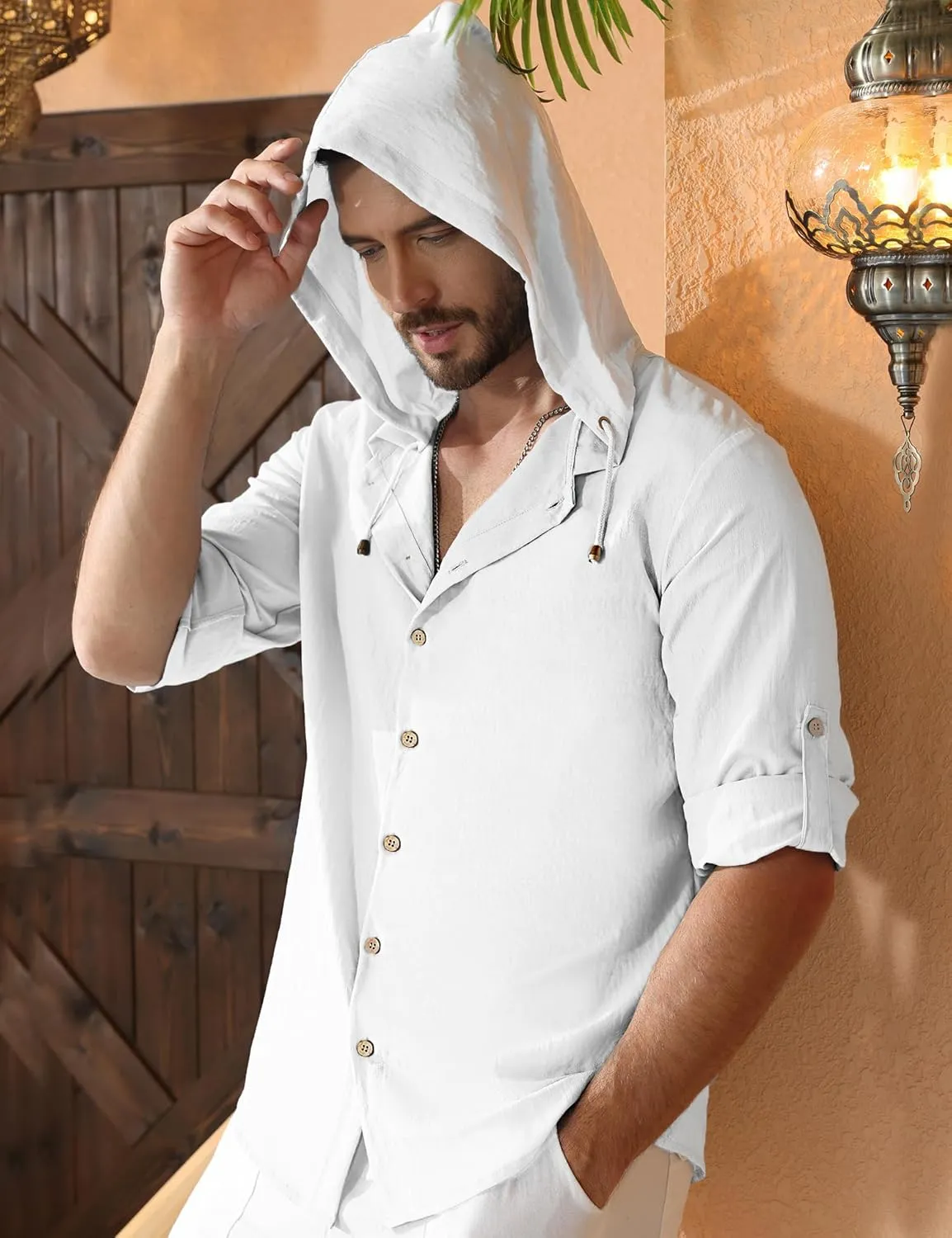 Mens Linen Shirts Casual Button Down Shirts Long Sleeve Roll-Up Sleeve Summer Beach Shirts Tops with Hood