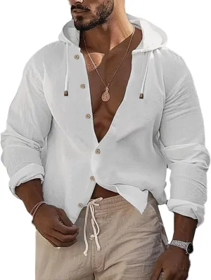 Mens Linen Shirts Casual Button Down Shirts Long Sleeve Roll-Up Sleeve Summer Beach Shirts Tops with Hood