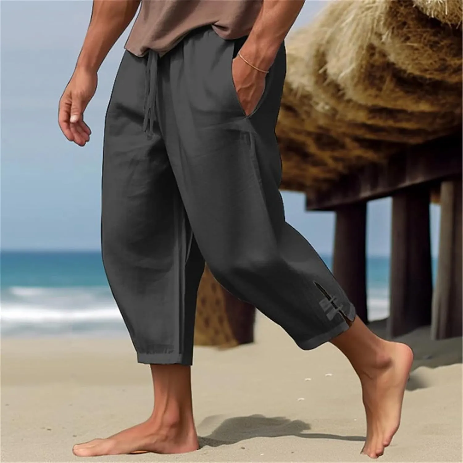 Mens Pants 2024 Solid Color Lightweight Pant Casual Drawstring Shorts Summer Beach Loose Trousers with Pocket