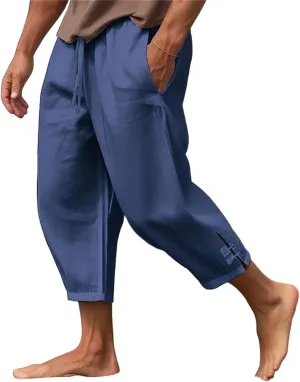 Mens Pants 2024 Solid Color Lightweight Pant Casual Drawstring Shorts Summer Beach Loose Trousers with Pocket