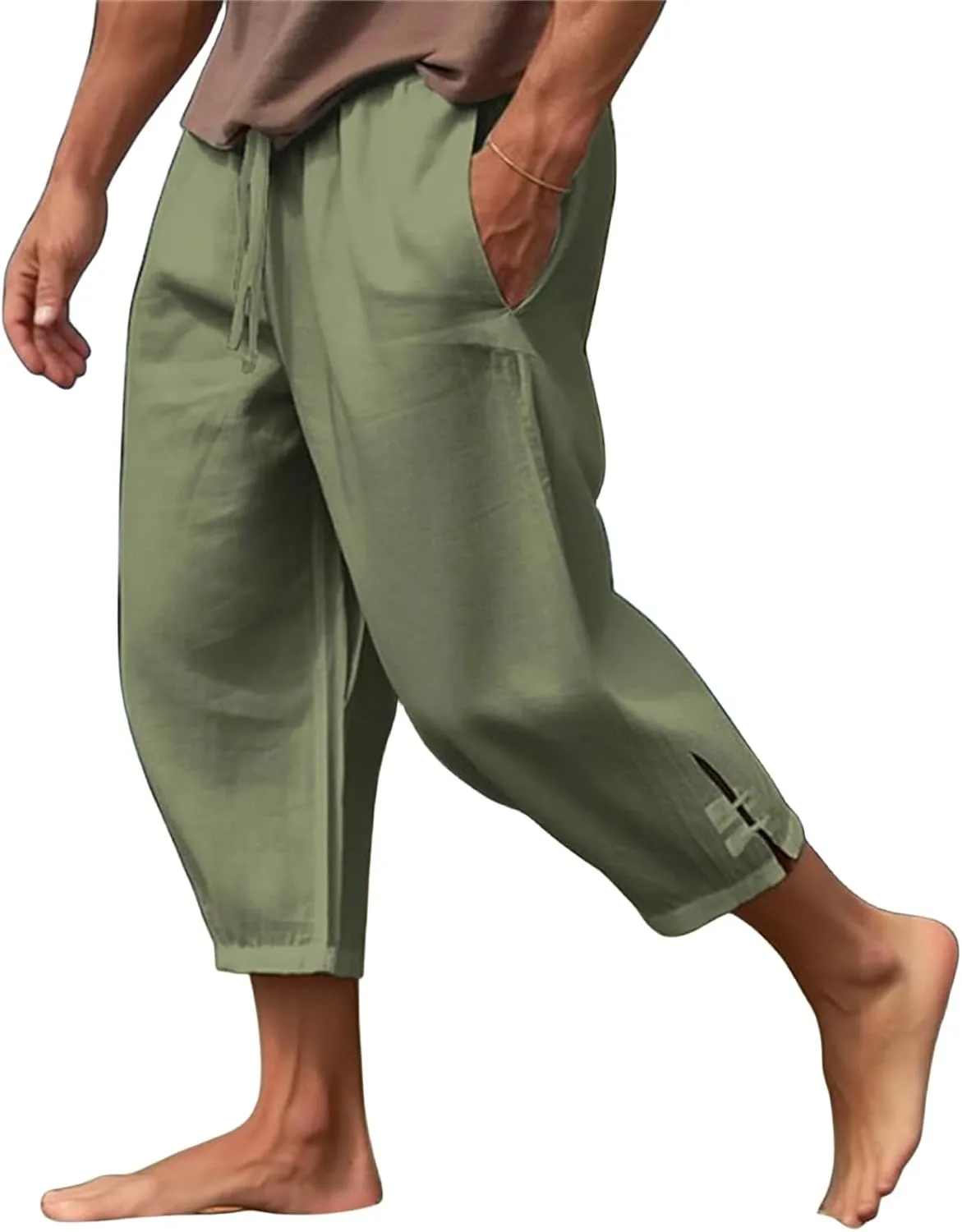 Mens Pants 2024 Solid Color Lightweight Pant Casual Drawstring Shorts Summer Beach Loose Trousers with Pocket