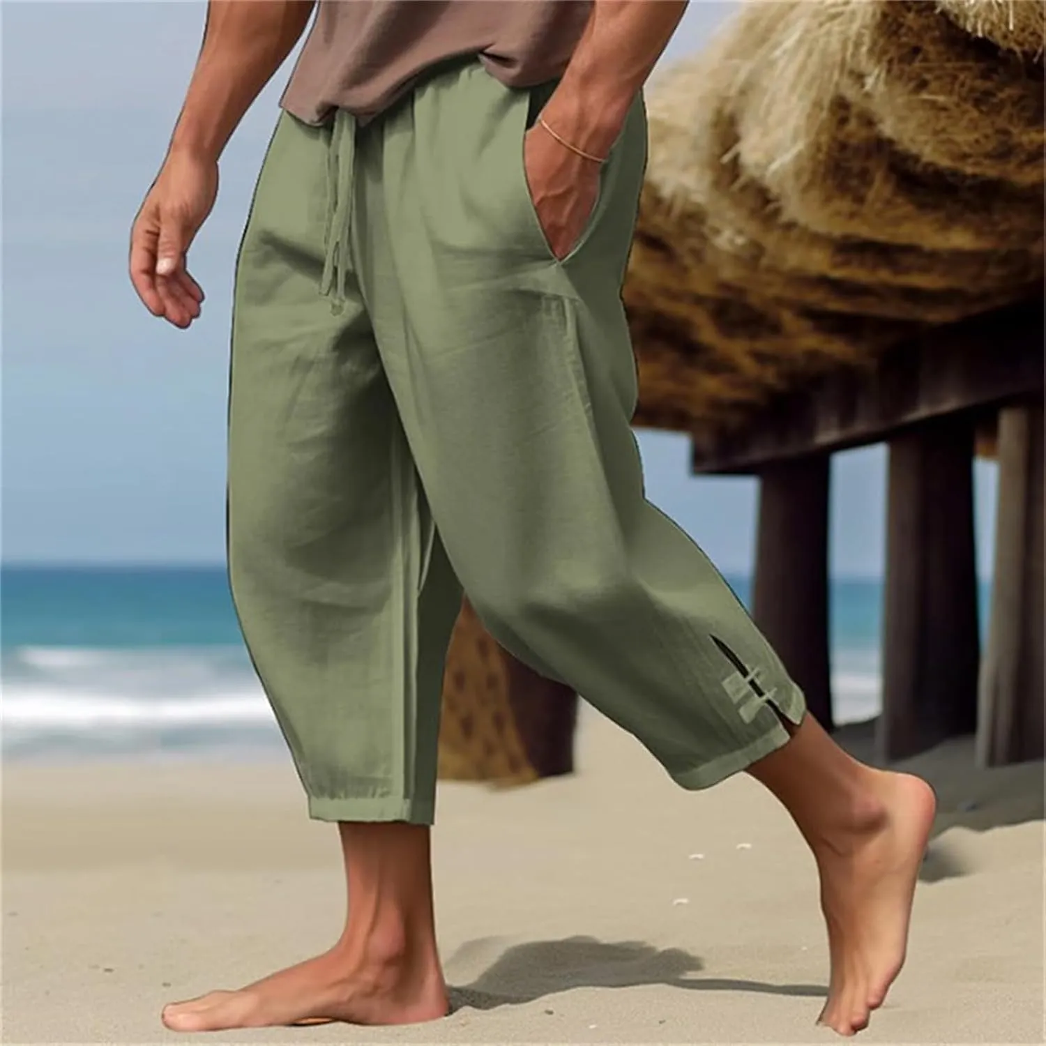 Mens Pants 2024 Solid Color Lightweight Pant Casual Drawstring Shorts Summer Beach Loose Trousers with Pocket