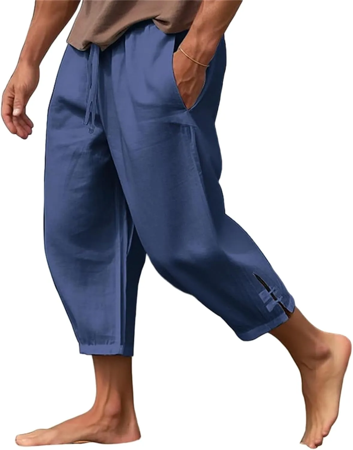 Mens Pants 2024 Solid Color Lightweight Pant Casual Drawstring Shorts Summer Beach Loose Trousers with Pocket