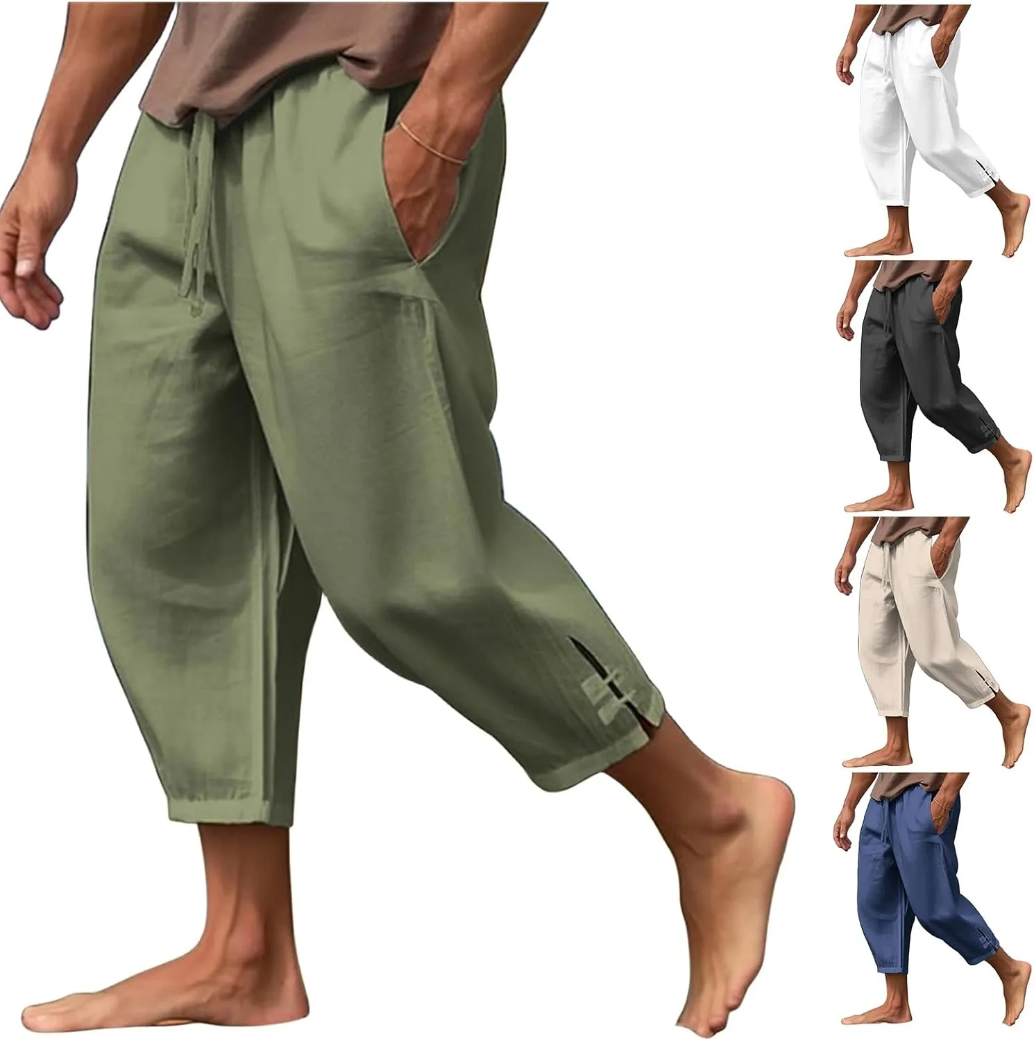Mens Pants 2024 Solid Color Lightweight Pant Casual Drawstring Shorts Summer Beach Loose Trousers with Pocket
