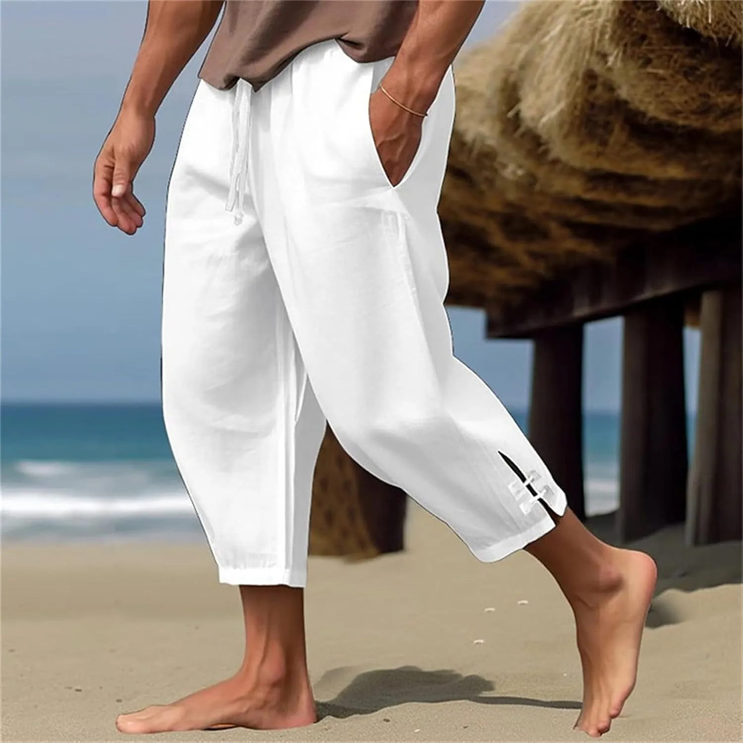Mens Pants 2024 Solid Color Lightweight Pant Casual Drawstring Shorts Summer Beach Loose Trousers with Pocket