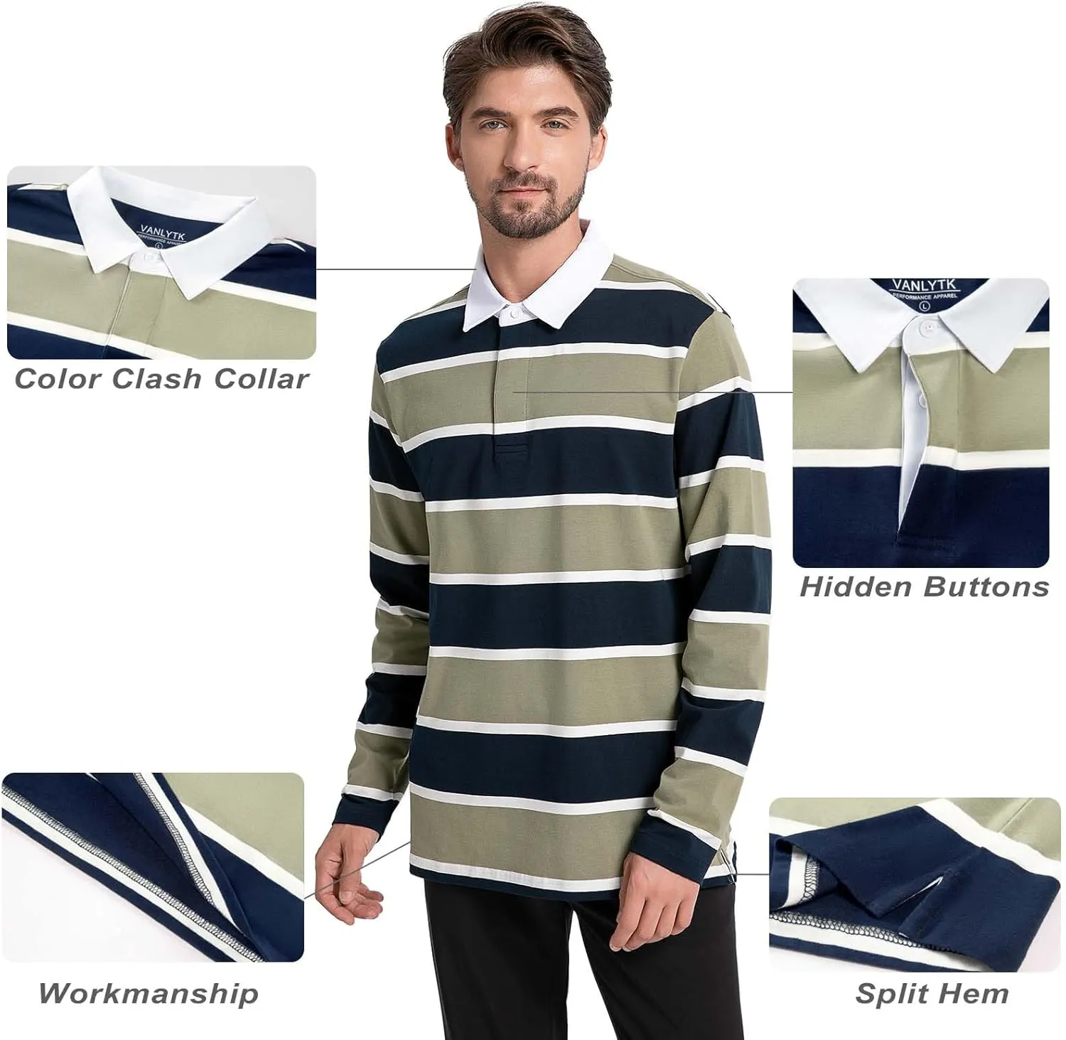 Mens Polo Shirts Striped Cotton Moisture Wicking Classic Collared Casual Golf Shirts for Men